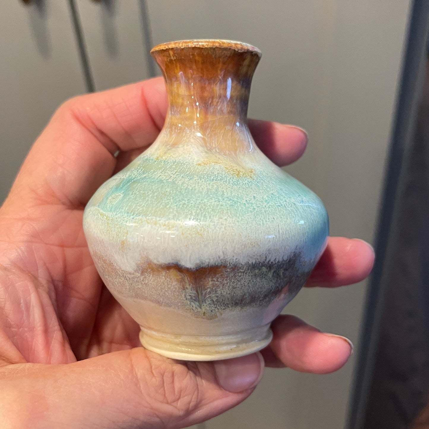 Delicate mini vase in seafoam green, white and rust