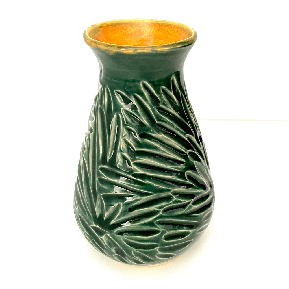 Carved Green Vase with Golden Yellow Interior