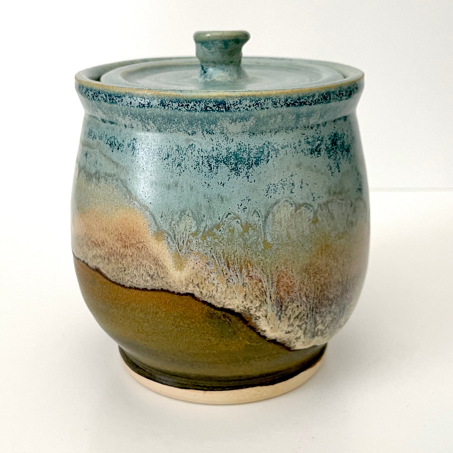 Lidded Ceramic Jar in Light blue and brown
