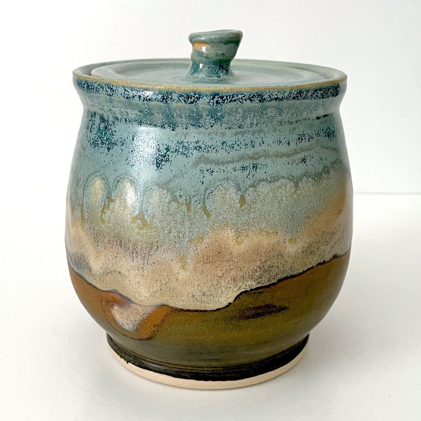 Lidded Ceramic Jar in Light blue and brown