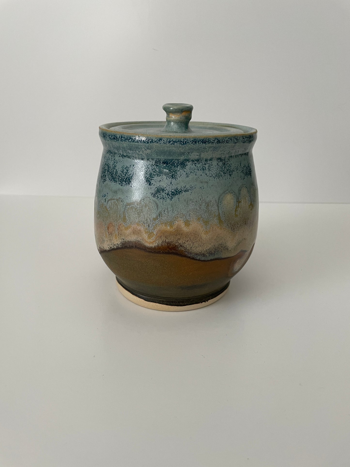 Lidded Ceramic Jar in Light blue and brown