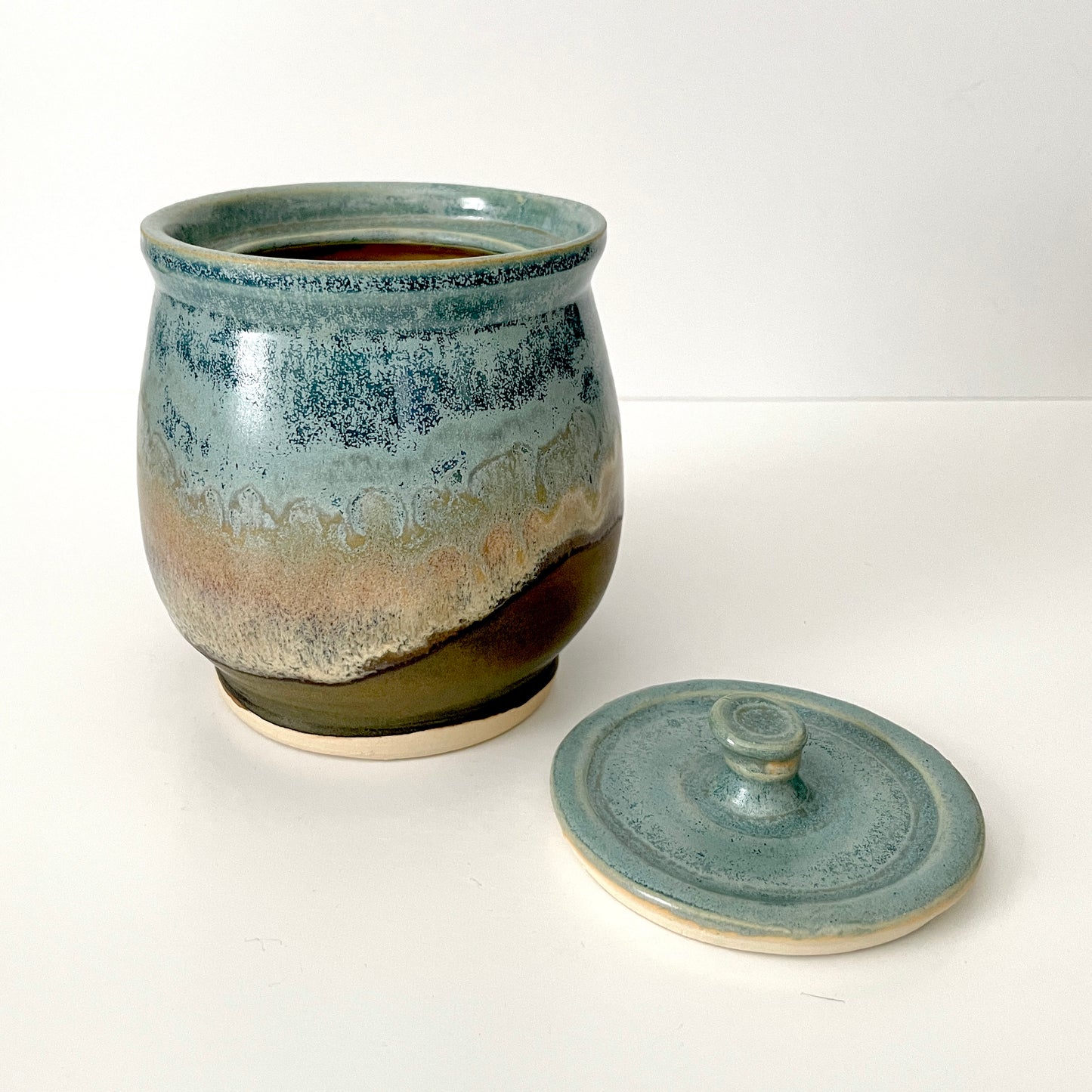 Lidded Ceramic Jar in Light blue and brown