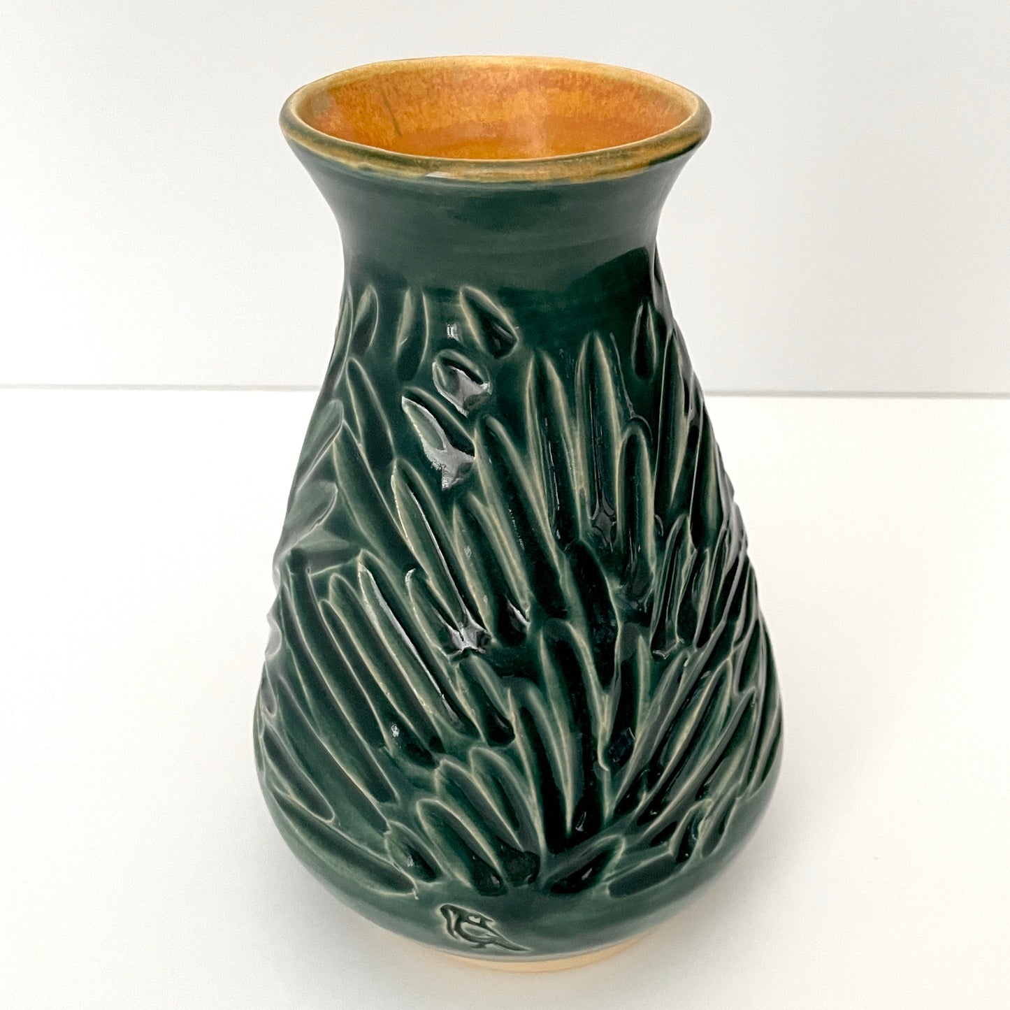 Dark Green Carved Fluted Vase