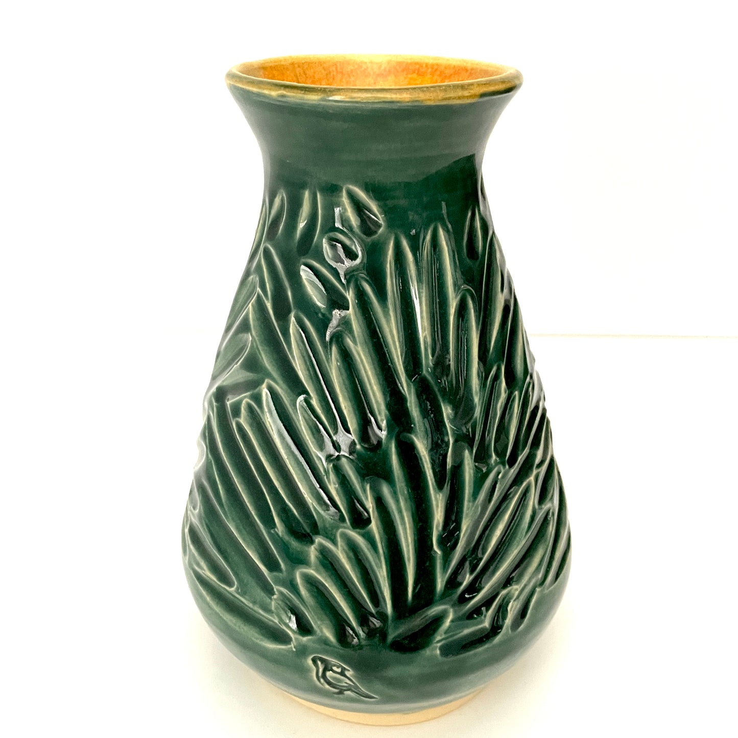 Dark Green Carved Fluted Vase