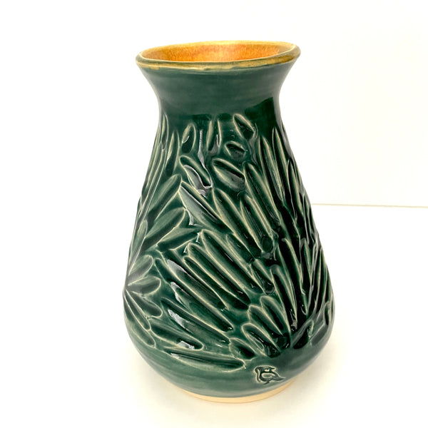 Dark Green Carved Fluted Vase