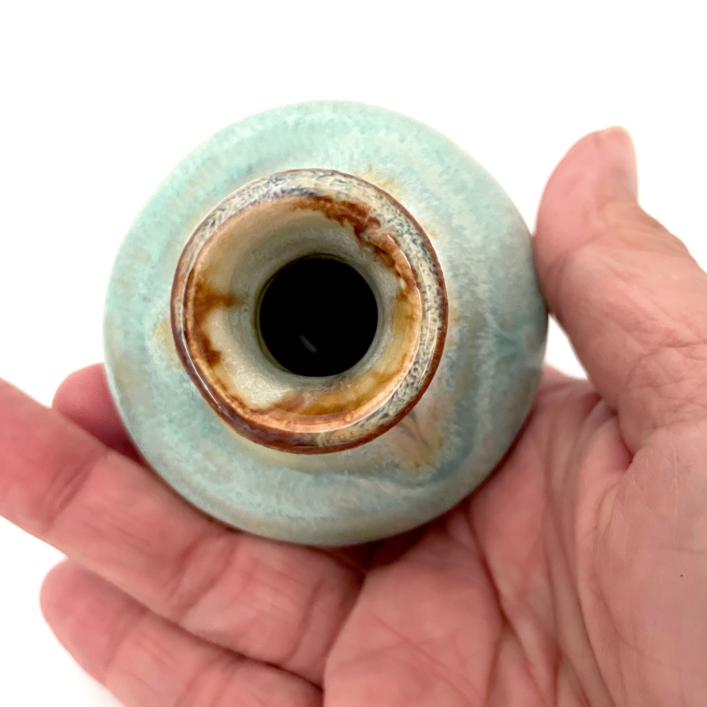Delicate mini vase in seafoam green, white and rust